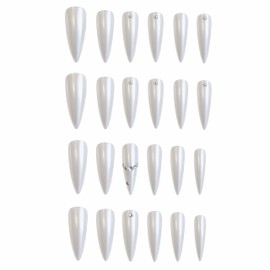 BABALAL Long Stiletto Press on Nails White Chrome Fake Nails Aurora Glue ons Nails Bling Design Acrylic Nails 24Pcs Rhinestone Almond Full Cover False Nails