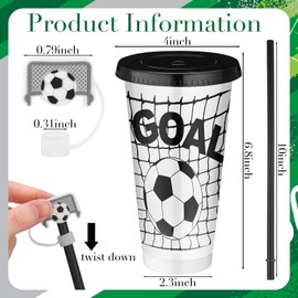 Domensi 12 Pcs Soccer Plastic Tumbler with Lid and Straw 24oz Reusable Plastic Cups with Soccer Ball Straw Cover Caps Soccer Gifts for Fan Friend Guest Birthday Office Sport Party Supplies