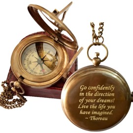 Thoreau's Go Confidently Quote Engraved Sundial Compass with Leather Case, Graduation Gifts, Compass for My Son, Inspirational Gift Compass, Sundial Compass