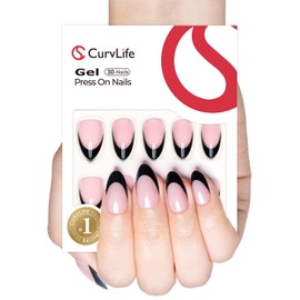 Curvlife Press on Nail, 30Pcs 15 Sizes Gel Nail Tips, French Black edged Full Cover Design Reusable Fake Nails Kit with Glue and Adhesive Tabs