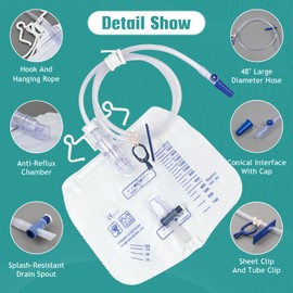 2 Pack Urinary Drainage Bag with Anti-Reflux Chamber, 2000ml Large Capacity, 48" Drainage Tube, Professional Urine Bags with Clips and Hanging Hook, Catheter Bags for Men