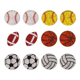 6 Pairs of Sports Ball Stud Earrings Set for Women, Acrylic Sequin Game Ball Basketball Football Tennis Volleyball Earrings for Sports Theme Game Day Jewelry Accessories