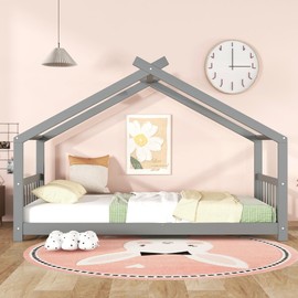 Bellemave Montessori Floor Bed Twin Size, Twin Floor Bed Frame with Headboard, Footboard, Wood Montessori Floor Bed with Slats/House Floor Bed for Kids, Gray Montessori Bed Twin Size