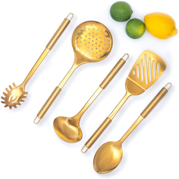 STYLED SETTINGS Gold/Brass Cooking Utensils for Modern Cooking and Serving, Kitchen Utensils -Stainless Steel Cooking Utensils 5 PCS-Gold Serving Spoon, Gold Soup Ladle, Pasta ServingÂ