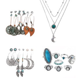 JewelryWe 21 Pcs Women Round Bohemian Vintage Turquoise Water Drop Earrings Combination Set, Turquoise