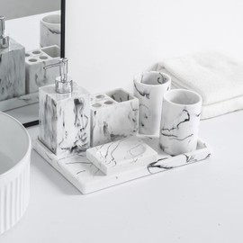 Resin Vintage Marble Bathroom Accessories Sets Luxury 6-Piece Bathroom Decoration Soap Dispenser,Cups,Toothbrush Holder