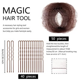 Zonon 50 Pcs Hair Nets Invisible 40 Pcs U Shaped Pins Set, 27.56 Inch Brown Hair Nets for Buns Individual Package Invisible Fluffy Hair Pad for Ballet Bun, Sleeping, Women and Wig