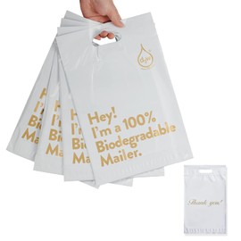 10x13 Inches 100% Biodegradable D2W Poly Mailers with Handle, 50pcs White Compostable Envelopes Shipping Bags, Eco Friendly Waterproof Stretchable Self Sealing Mailing Bags