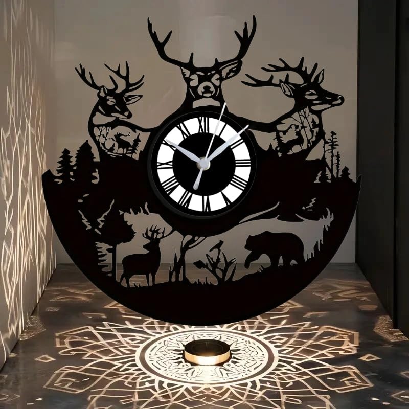 Deer and Bear Scene Wall Clock, Remote Control, 12 Inches