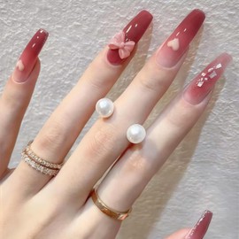 Long Press on Nails Square Fake Nails Gradient Acrylic Nails Press on Artificial Nails, Ombre False nails with Pink Bow Design for Women and Girls 24pcs， gradient10