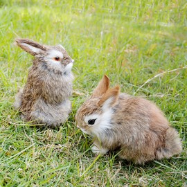 Pack of 2 Easter Rabbits Figurines Mini Furry Bunnies for Basket/Baby Shower Kids Newborn/Photograph Prop/Home Shelf Desk Decorative Statue (Brown)