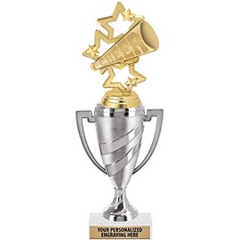 Crown Awards Cheerleading Trophy, 10" Silver Cup Cheer Megaphone Trophies with Engraving Included, 1 Pack