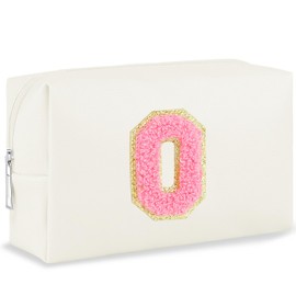URSKYTOUS - Bolsa de maquillaje con inicial, personalizada, pequeña bolsa de cosméticos de viaje, bonita bolsa de maquillaje de felpilla blanca de poliuretano, para cartera, impermeable, con cierre,