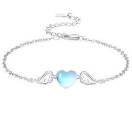 Dreamboat Moonstone Heart Bracelet for Women 925 Sterling Silver Angel Wings Heart Charm Bracelets Wedding Birthday Jewelry Gifts