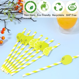 30 Pack Lemon Patterned Paper Drinking Straws, 7.76 Inches Yellow Straws Disposable Paper Straws Lemonade Stand Supplies for Juice, Cocktail, Milkshake, Lemon Themed Party Decorations