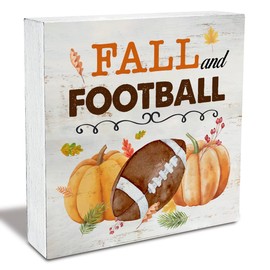 Rustic Fall and Football Wood Box Sign Fall Pumpkins Football Autumn Wooden Box Sign Thanksgivings Sign Farmhouse Home Desk Shelf Decor (5 X 5 Inch)