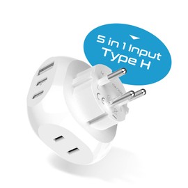Ceptics Israel, Palestine Travel Plug Adapter - Type H - 5 Input with 20W PD-QC 3.1A Dual USB-C and USB - Light Weight - Perfect for Cell Phones, Laptops, Camera Chargers and More (PTU-14), White
