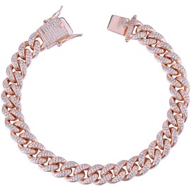 Apzzic 12mm Iced Out Cuban Link Chain Gold Plated Bracelet Hip Hop Bling Full CZ Lab Diamond Miami Bangle Bracelet for Women Men Rose Gold 8Inch