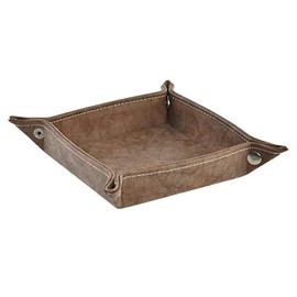 DRW Brown Faux Leather Square Tray, 18 x 18 x 4 cm