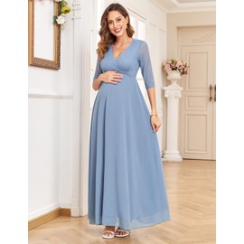 AISWI 3/4 Sleeve Maternity Dress Leaf Lace Contrast Chiffon V Neck Wrap A Line Flowy Pregnancy Dresses for Baby Shower, Light Blue, Large