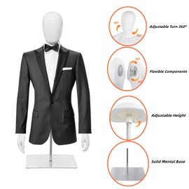 Dress Form Male Mannequin Torso Body,Height Adjustable Plastic Half Body Display with Metal Stand, Dress Form for Retail Clothing Shops,Decoration,White