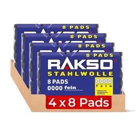 RAKSO Steel Wool Extra Fine 0000-32 - 4 x 8 Pieces Polished Waxed Wood, Copper, Brass, Matt Surfaces, Cleans Glass