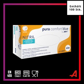AMPri Nitrile Gloves, Blue, Pack of 100, Size XS, Powder-Free, Puracomfort Blue: Nitrile Disposable Gloves in Sizes XS, S, M, L, XL, XXL