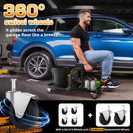 Rolling Shop Stool Chair with Wheels, Mechanic Garage Stool on Wheels, Auto Car Detailing Stools Seat with Tool Tray Storage for Garage Work, Workshop, Home, Garden, DIY, 300 LBS Capacity, Yellow