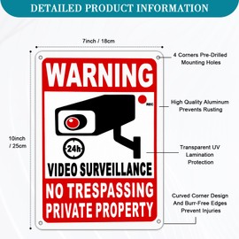 4 Pack Private Property No Trespassing Sign, Rustproof Aluminum 24-Hour Video Surveillance Signs With Reflective Film, 10x7 Inch Security Signs For Homes And Businesses