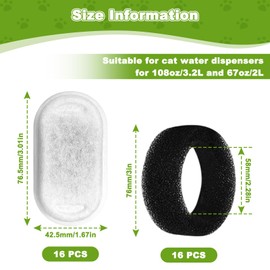 16 Pieces Cat Fountain Filters with 16 Foam Sponges, Pet Water Dispenser Filter Replacement, Activated Carbon Triple Filtration Set for 2L/67oz & 3.2L/108 oz Stainless Steel Drinking Dispense