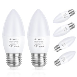 DiCUNO LED Bulb, E26 Base, Chandelier, 5W, 40W Incandescent Equivalent, 450LM, Daylight White, 5000K, Ra98+, High Color Rendering AC100V-240V, Non-Dimmable, Pack of 6