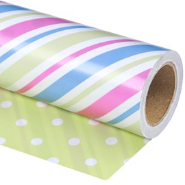 WRAPAHOLIC Reversible Baby Shower Wrapping Paper Roll - Mini Roll - 17 Inch x 10 Feet - Stripes and Polka Dots Design Perfect for Baby Shower, Birthday, Party