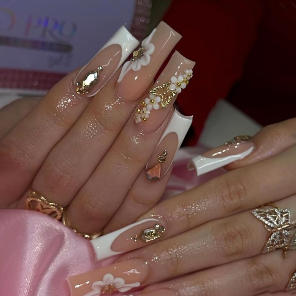 MISUD Press on Nails Long Square Fake Nails Glossy Glue