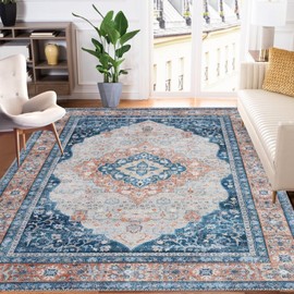 COZYLOOM Area Rug 8x10 Boho Tribal Area Rug Vintage Floral Rug Large Washable Rug Distressed Oriental Non-Slip Print Floor Carpet for Living Room Bedroom Home Office Foldable Blue/Orange