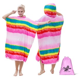 Kato Tirrinia Surf Poncho Changing Aid Beach for Men and Women, Bath Poncho with Hood, Absorbent, Windproof, Towel Poncho as Changing Aid for Surfers, Swimming, Camping, Sauna, Bathing, Rainbow