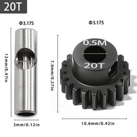 0.5M Pinion Gear 20T Hardened Steel 3.175mm Bore with 2.3mm Adapter, Precision Motor Gear for ARRMA 1/14 Typhon 1/16 Mojave 1/18 Granite, Losi 1/12 NASCAR, 0.5Mod Gear 13T-27T for HOBBYWING Motors