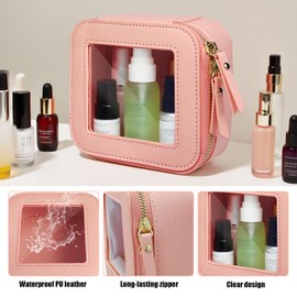 Clear Mini Makeup Bag Travel Leather Makeup Bag for Purse, Small Waterproof Cosmetic Case with Zipper, Portable Toiletry Bag Square Make Up Organizer Traveling Compact Car Organizer Bag for Women