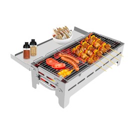 Contemood Portable Charcoal Grill - Stainless Steel Foldable Small Grill for 2-6 People, Tabletop Outdoor BBQ Grill for Travel Cooking, Camping, Patio Party Backyard