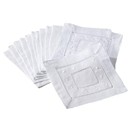 SARO White Embroidered and Hemstitch Cocktail Napkin-6" Square, 12 Ct Pieces