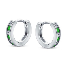 Green White Alternating Cubic Zirconia CZ Channel Set Small Huggie Hoop Earrings For Women Men .925 Sterling Silver