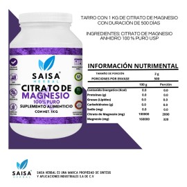 Citrato De Magnesio Y Citrato De Potasio 1 Kg cu  Suplemento Alimenticio 100 puro  Saisa Herbal Sin Sabor  Alta Biodisponibilidad  Apoyo Del Sueo,... 
