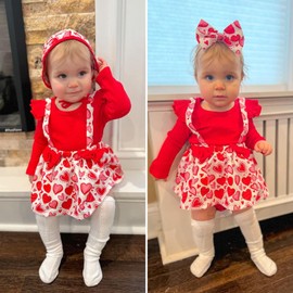 Unutiylo Preemie Baby Girl Valentine's Day Outfit Infant Heart Suspender Clothes Long Sleeve Romper Dress Ruffle Jumpsuit with Headband Hat Red