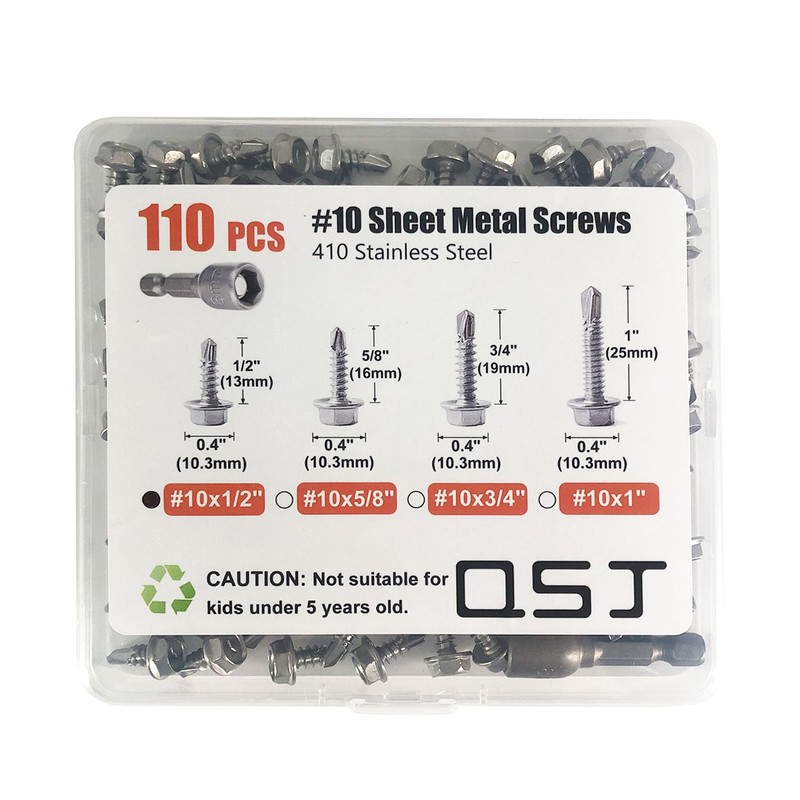 QSJ 110PCS #10 x 1/2'' Sheet Metal Screws 410 Stainless