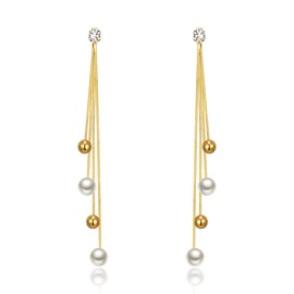 EleQueen Women's Gold Plated 4 Chain Rhinestone Crystal Simulated Pearl Bridal Long Dangle Earrings for Wedding Party Prom