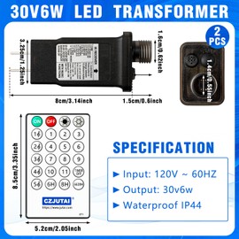 Copkim 2 Pcs Class 2 Power Supply with Remote Control for Musical Changing Light Low Voltage Power Plug Adapter Ip44 Waterproof Transformer for Christmas String Lights, 30v 6w, 11 Modes