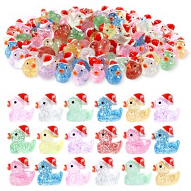 TELAIN 60 Colourful Small Christmas Glitter Resin Ducks for Party and Garden Decorations, multicoloured