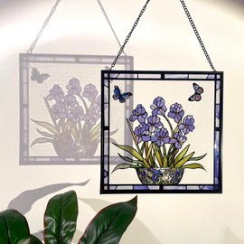 Blue Iris and Butterfly Stained Glass Suncatcher Window Panel | 7.8'' Real Glass Handcrafted Artwork | Nature-Inspired Decor for Home & Garden | Unique Gift for Nature Lovers