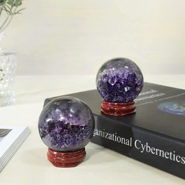 mookaitedecor Amethyst Geode Crystal Ball with Wooden Stand, Feng Shui Stone Ball Energy Cave for Home Office Decoration Chakra Balancing Meditation Divination, 40-50 mm