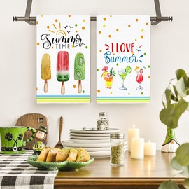 Summer Kitchen Towels Dish Towels Set of 2, Love Summer 16x24 inch Ice Cream Cone Hand Towels for Farmhouse Home Seasonal Holiday Decorations