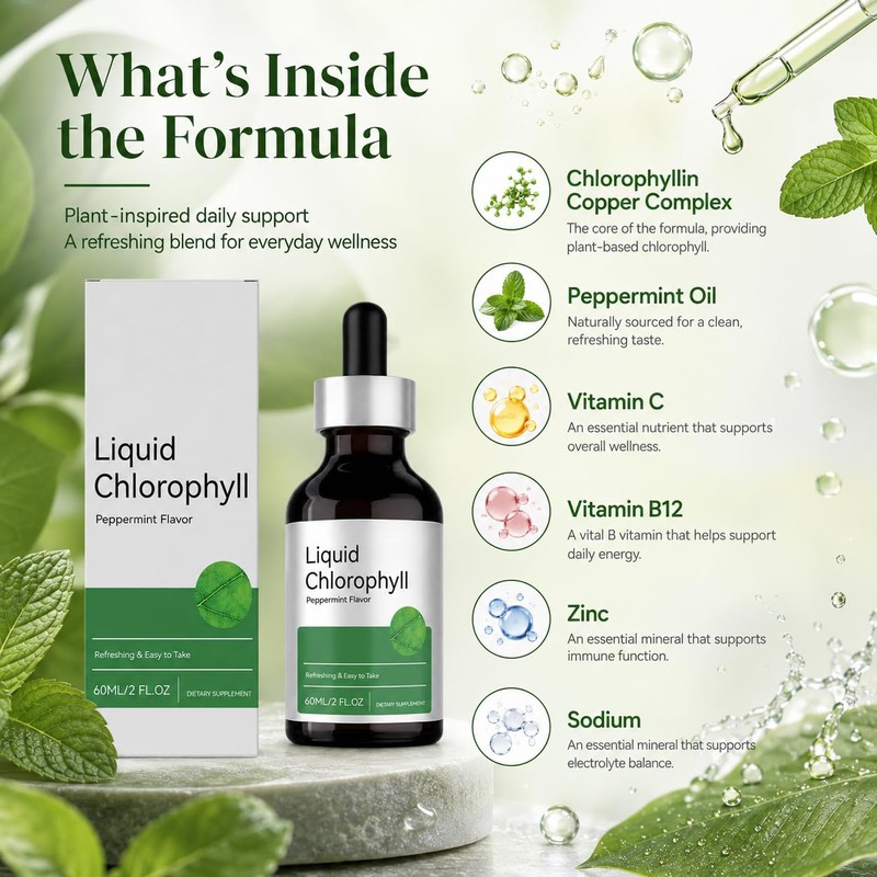 Liquid Chlorophyll Drops, Peppermint Flavor Chlorophyll Liquid Supplement with Chlorophyllin,